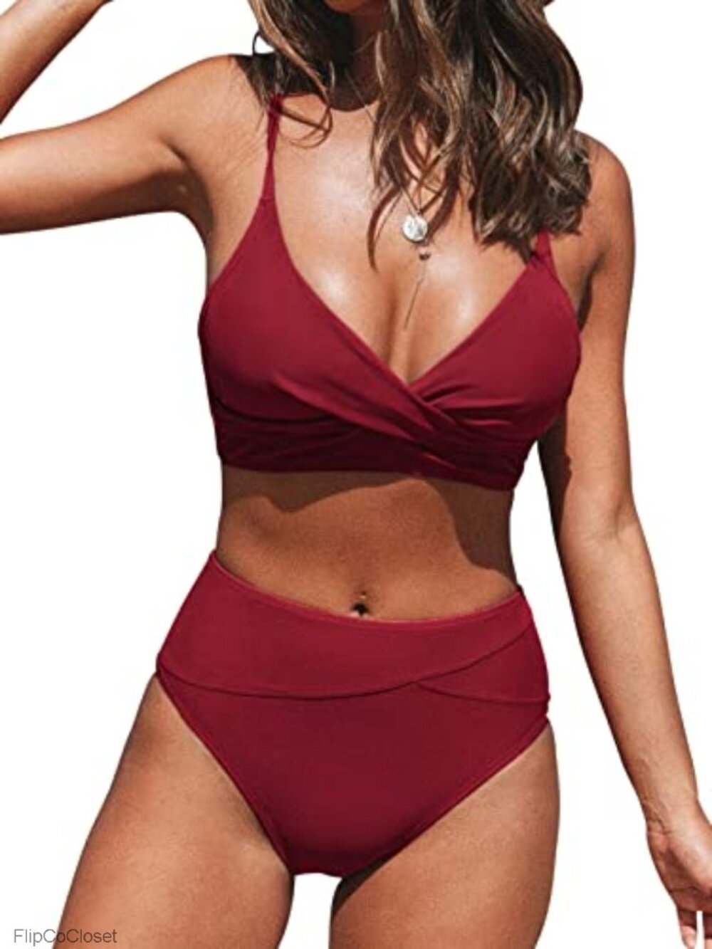 High Waisted V Neck Twist Bikini Set Adjustable Straps Removable Cups